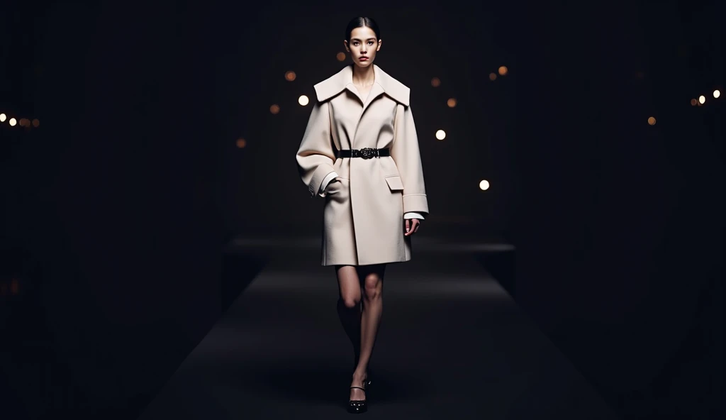  A stunning female model walks on the catwalk, Chanel Big Show ，Sophisticated and elegant clothing， Chanels style .  The scene is set on the West Lake side of Hangzhou , Water mist， Melancholy warm lighting ,  Bokeh lights shining in the background ,  Emph...