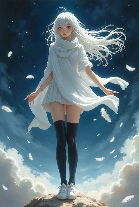 a beautiful Eastern girl in "pure desire" style, silver-White hair flowing, wearing a white long scarf,short skirt, black thigh-high socks, and white sneakers. Set against a starry night, with chaotic brushstrokes and delicate white feathers floating. The ...