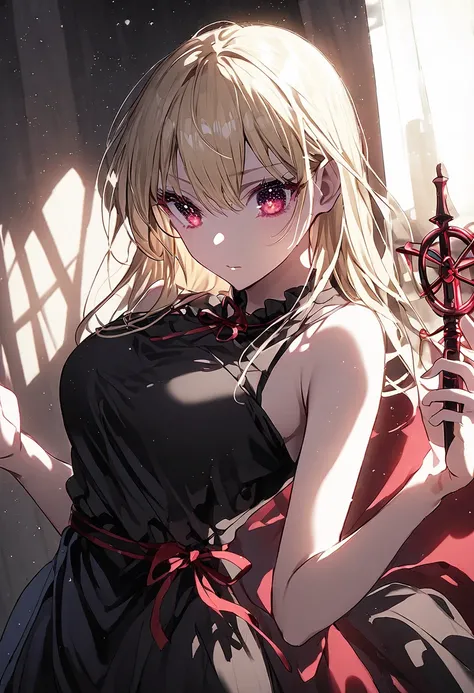 Blonde、 red eyes、 black dress、 red ribbon、 holding a magic stick、 starry sky 、Grains of Light、Big door