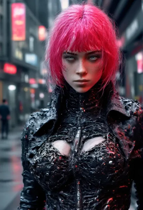 ((masterpiece)) ((photography)) ((Highest quality)) A striking woman combining cyberpunk and gothic styles in a contemporary design. She has vibrant, fluorescent pink hair styled with an edgy cut, contrasting with her dark makeup and black lipstick. She we...