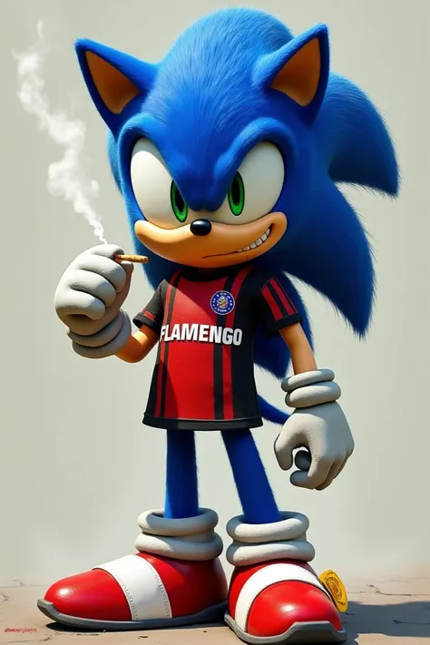 Sonic in realistic lines wearing Flamengos blouse and smoking a cigarette