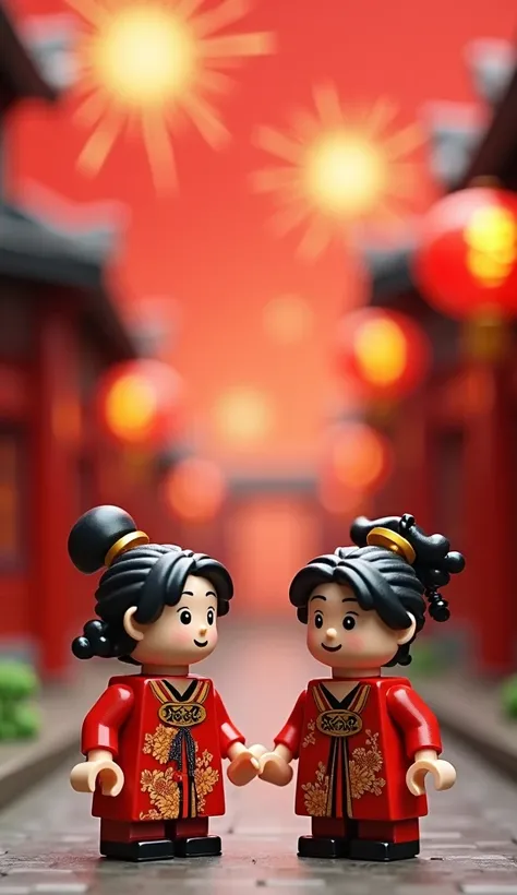 Cute building blocks world style, cute mini building blocks families with chinese ancient costume, talking together happily, ancient town, festive, chinese lunar new year background, firecrackers, red background, High Details