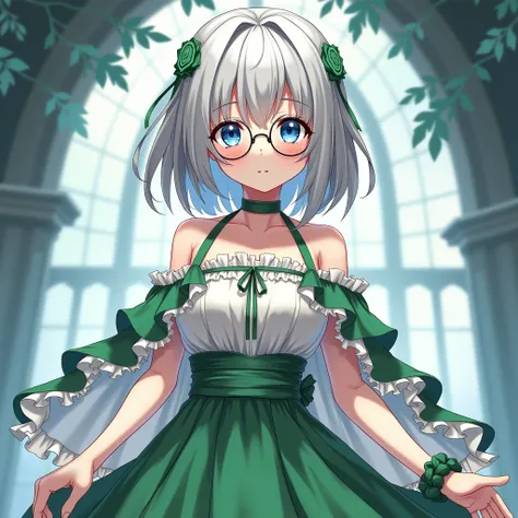 Art style: The Eminence in Shadow anime
Gender: Female
Hair style: Medium silver hair with a braid on the left her hair
Eyes: Blue eyes
Clothes: a green and white off-shoulder dress with frilled accents, featuring a white halter-style inner layer for contr...