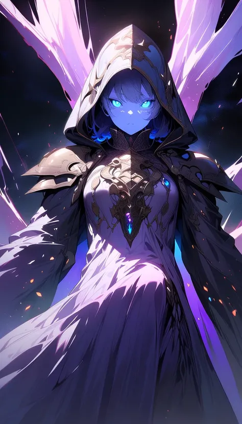 ((best quality)) , ((masterpiece)) , (detailed),solo, 1girl, female focus, hood, armor, glowing, colored skin, shoulder armor, gem, hood up, floating, blue skin, space, purple skin, planet