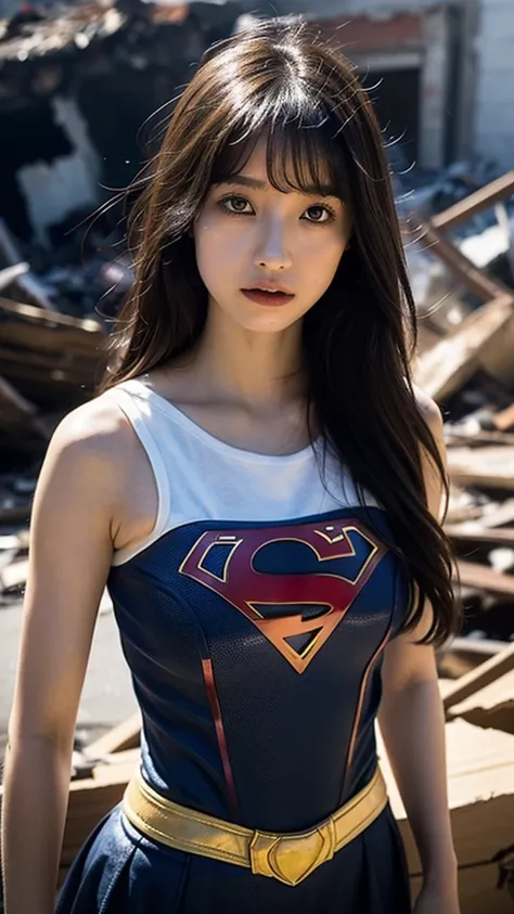 Supergirl, Beautiful Supergirl, Height : 152 CM, 4 feet 11 inches, 30 years old, Supergirl Trapped in the rubble of a destroyed building burning hot fire, midday, supergirl costume, long hair, hair bangs, Supergirl was sweating profusely, Supergirl had wet...