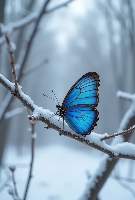 A realist macro shoot of blue butterfly sitting on a branch in snowy forest.