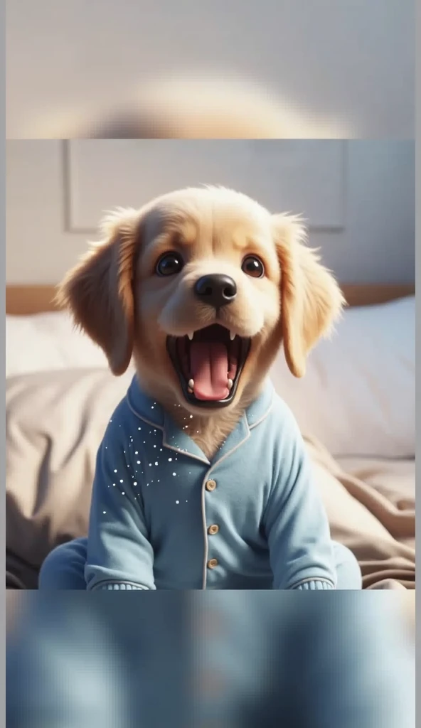 A small, anthropomorphic Golden Retriever puppy in wearing night suit blue pajamas dressed in blue pajamas lies on a bed, its mouth wide open in a mix of surprise and fear, paws raised in the air. The room is softly lit with a snowy outdoor view through la...