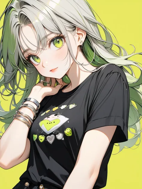 Top quality, super detailed, high quality, light-hearted illustration, fashionable, aesthetic, one girl with three silver bangles on her arm, black and long hair, very cute and cute, black t-shirt, yellow-green background, masterpiece