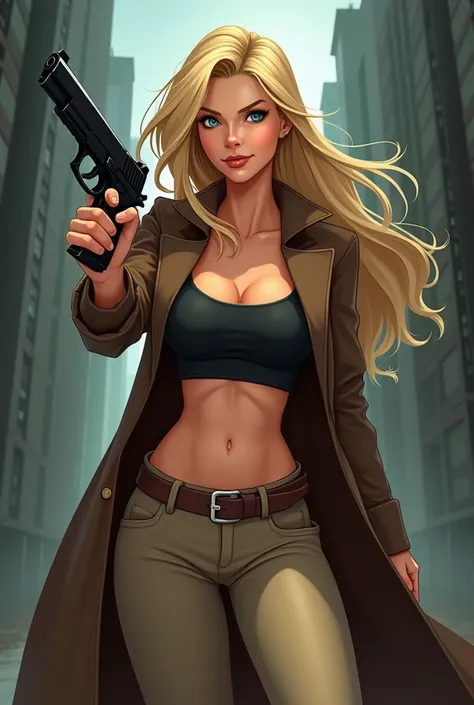 A 25-year old woman with long blonde hair,blue eyes,pale skin and a brown coat,with light tan pants and holding a pistol on her hand. Tough and badass,with a determined expression on her face. Agent. Animated style. Midriff.