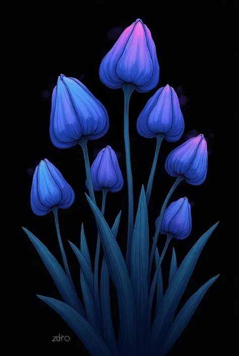 an illustration on a black background, 7 midnight blue Muscari flowers, shade of turquoise, neon purple, deep black stem, an award-winning image, exceptional work of art, created by Todd Lockwood and Dan Mumford, inspiration by Alex Pardee, a touch bleach,...