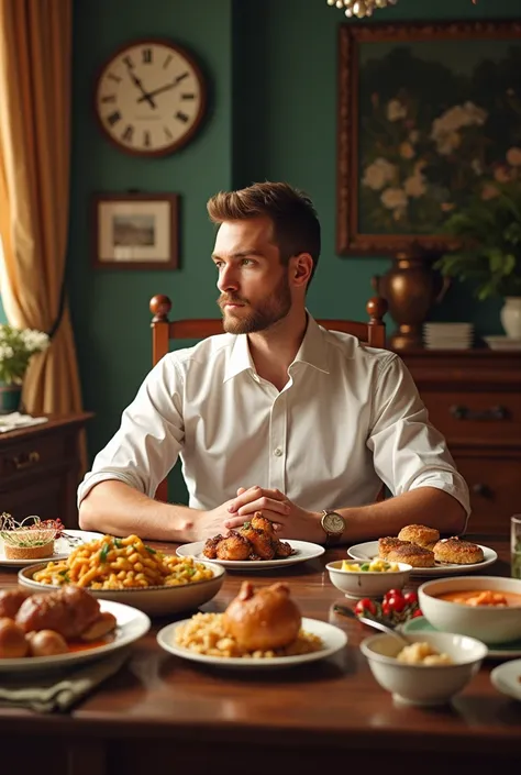 A male teacher sitting in a dining table full of food 