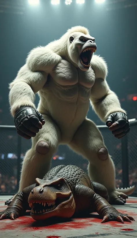 portrait of a white King Kong winning a match against a Tyrannosaurus rex in the UFC ring, Tyrannosaurus rex lies defeated by a white King Kong