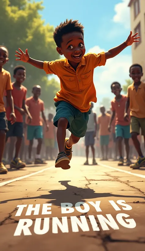  A boy is jumping in front of people .  It is black African and the phrase is written on the floor "The boy is running "