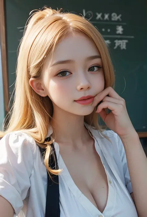 Masterpiece, highest quality, 1 girl, detailed beautiful face, smile, ((Japanese school uniform)), slouching, down blouse,blonde hair, blouse with some buttons undone, ((big breasts)), cleavage , pouting, ((kiss face)), classroom