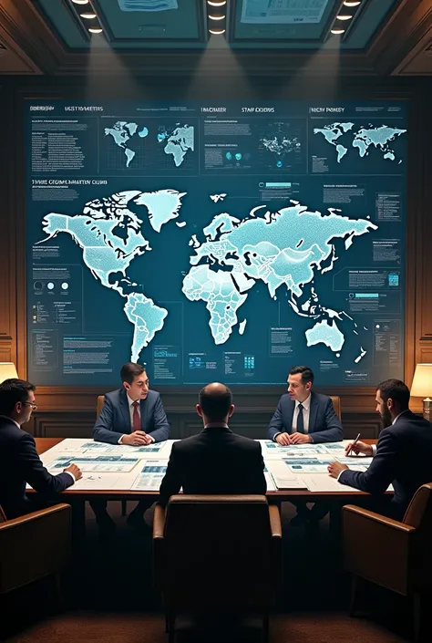 A calm, sophisticated space with global maps, charts, and strategic planning boards.