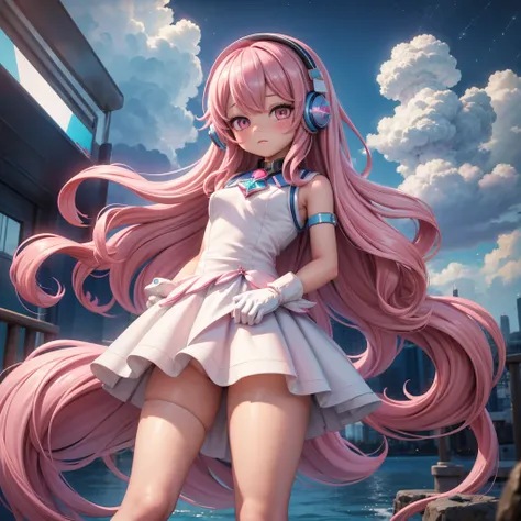 (( top quality)), (( masterpiece )), (( 1 girl )), Alone, ferry, (( long hair)), (( knee-high)),   pink hair,  headphones ,  bare shoulder  , ((gem)), (( sleeveless)),  white dress, Blue Skirt, (( gloves)), Up to the thighs