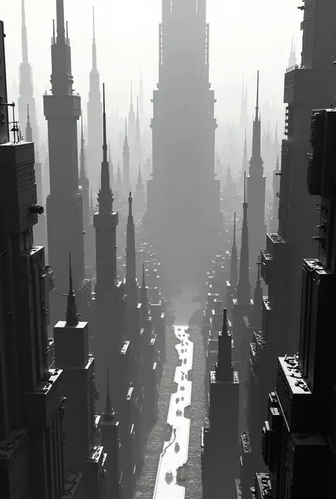 A city with a vast and complex landscape, black and white, pixelated.