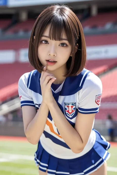  cute Japanese woman 、  beautiful skin  、Beautiful Hair、    short hair length  、  bob hair、    brown hair color、    beautiful eyes  、brown eye color、   Embarrassing Expression   、place：  Stadium、  cheerleader、The naughtiest pose