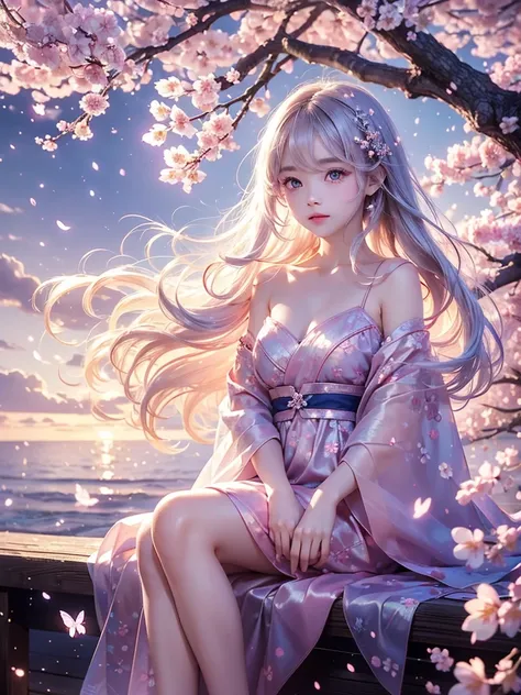 1girl, pretty face、Baby Face、((( best composition、 top quality、 greatest masterpiece、 super detailed、 high definition)))、（ beautiful eyes、Long eyelashes ）、cherry blossomsの妖精、kimono、🌸、cherry blossoms吹雪、cherry blossomsの木の上に座っている、barefoot、Milky white hair col...