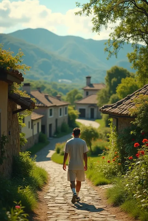 Messi arrives in a picturesque, green village. The camera zooms in on the quiet land he’s purchased, symbolizing the beginning of his new life. The natural beauty and peaceful environment are highlighted.