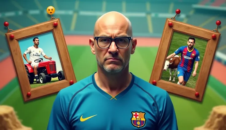 "Create a vibrant and colorful YouTube thumbnail in a semi-realistic, Real life style. At the center, show a bald, middle-aged man with sharp facial features, wearing glasses and a blue football jersey featuring a small Brazilian emblem on the chest. He ha...