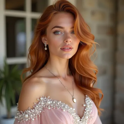 jolie jeune fille, top model , 26 ans, Mid-length wavy red hair thrown to the side, peau claire, yeux clairs, She is wearing a gorgeous pale pink ceremony dress with pearls and sparkles., elle est à un mariage