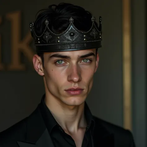 A very handsome young boy with European features ,  black hair , light skin,  light green eyes and black formal shirt ,  also has a black kings crown , He is an attractive man, realistic, 4k, The background says "KIOR"