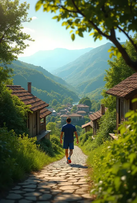 Messi arrives in a picturesque, green village. The camera zooms in on the quiet land he’s purchased, symbolizing the beginning of his new life. The natural beauty and peaceful environment are highlighted.