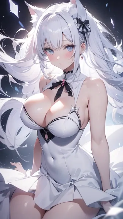 anime White Hair Girl and big breasts in a white dress, White cat girl,  sexy anime girl, perfect Gray Hairの girl, Beautiful anime cat girl,  beautiful charming anime women ,  beautiful anime girls,  beautiful anime woman , Gray Hairの, White fox, White Hai...