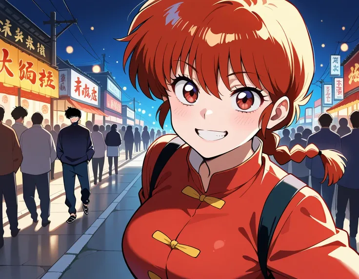 1girl, ranma-chan, grin, open_mouth, looking at viewer, chinese_clothes, 1boy, panda_(jujutsu_kaisen), panda, in front of crowd, on the street, bokeh, masterpiece, best quality, amazing quality, very aesthetic, high resolution, ultra-detailed, absurdres, n...