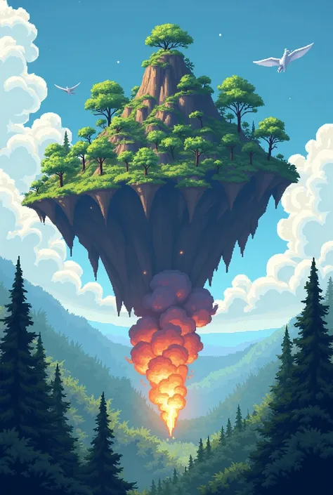 a flying island with a fire in the forest on it in pixel art style
