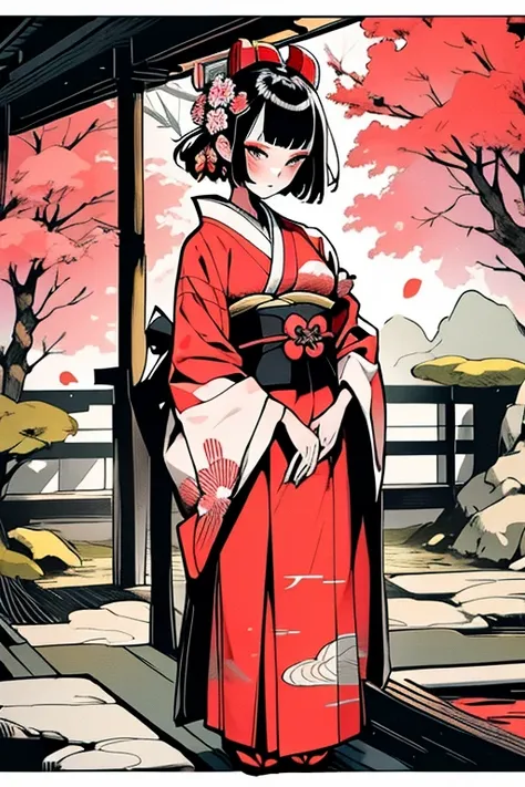 Ultra detailed illustration of a beautiful Japanese woman, wearing Maiko clothes and makeup, art by Mschiffer, (cel shaded) full body, japanese garden