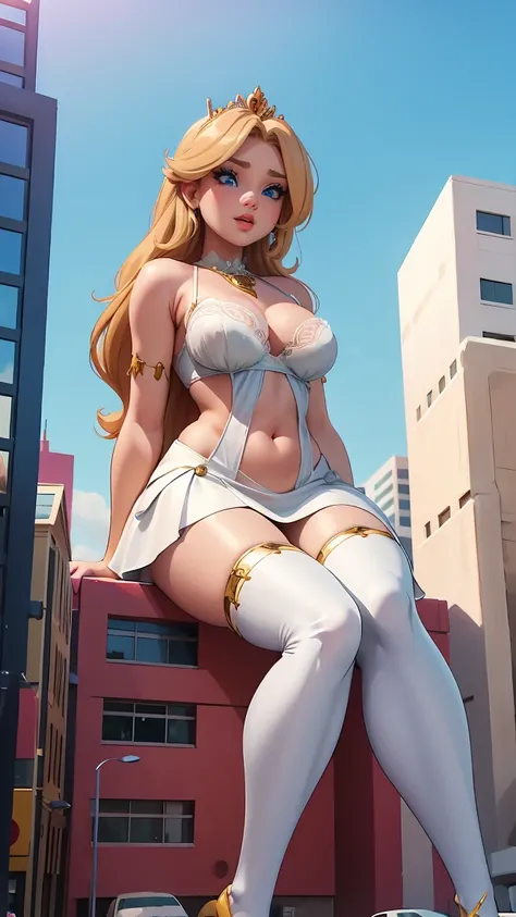 a giant woman 100 meters taller than the buildings walking around the city wearing a white mini dress a white bra shows her navel watching the spectator, Sitting in the middle of the city looking around her at the tiny city before her, perspective below