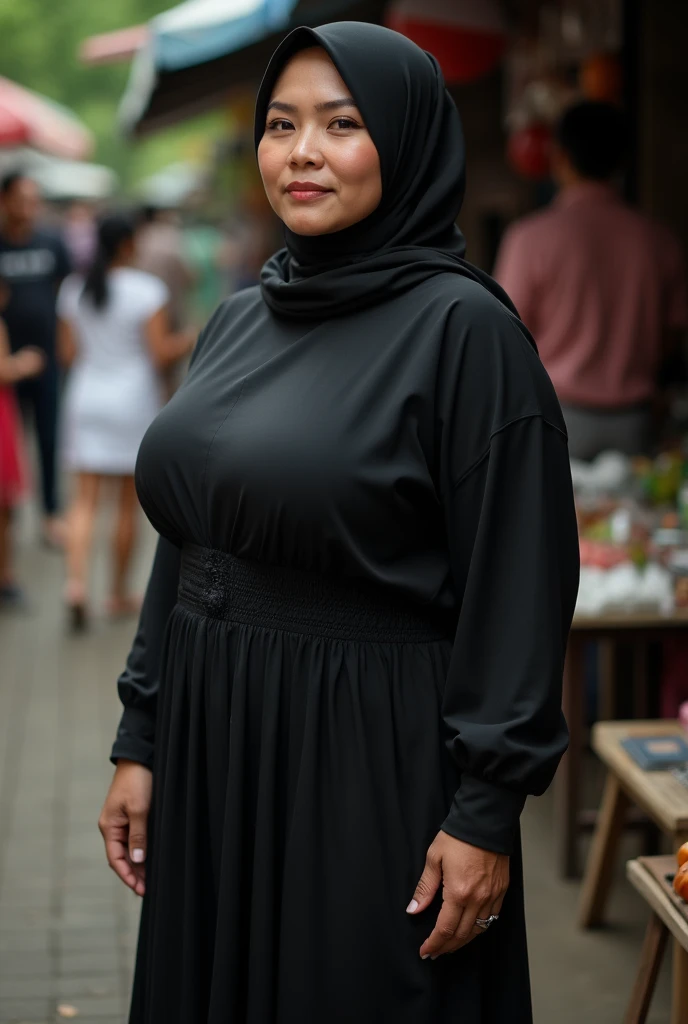 Half-old woman in hijab from indonesia ,   wearing a long black dress covering her entire body (  and visible in her underwear white thong model ) , fat body ,  big boobs , round butt, sensual face, was standing gracefully at the market , realistic,  RAW p...