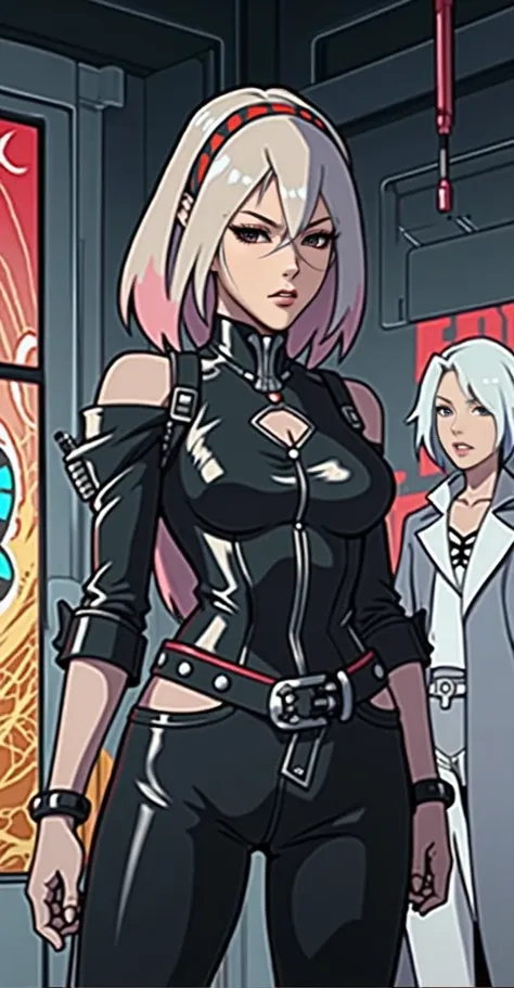 A close-up of a woman in a black latex suit holding a gun., Oppai cyberpunk,  cyborg - girl with silver hair ,  girls knights of the zodiac ,  inspired by Masamune Shirow ,  shiny black armor , wires in his body,  Perfect cyber anime woman , seductive anim...