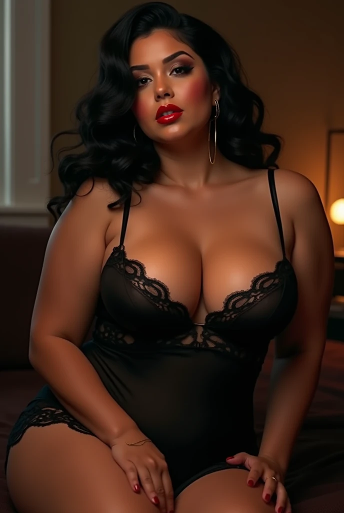 Chubby latina, huge breasts, bir red lips, black babydoll nightie, wavy black hair, mature woman