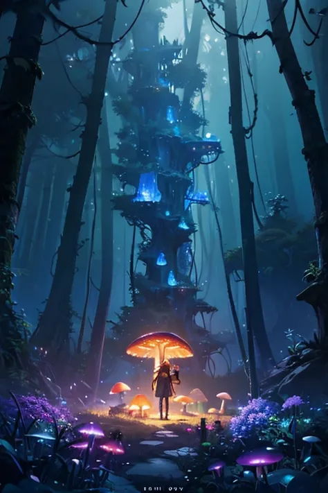 a beautiful glowing fantasy garden, a girl in a magical forest, glowing fireflies, glowing mushrooms, ethereal lighting, soft warm lighting, detailed realistic rendering, cinematic lighting, dramatic lighting, fantasy art, digital art, matte painting, conc...