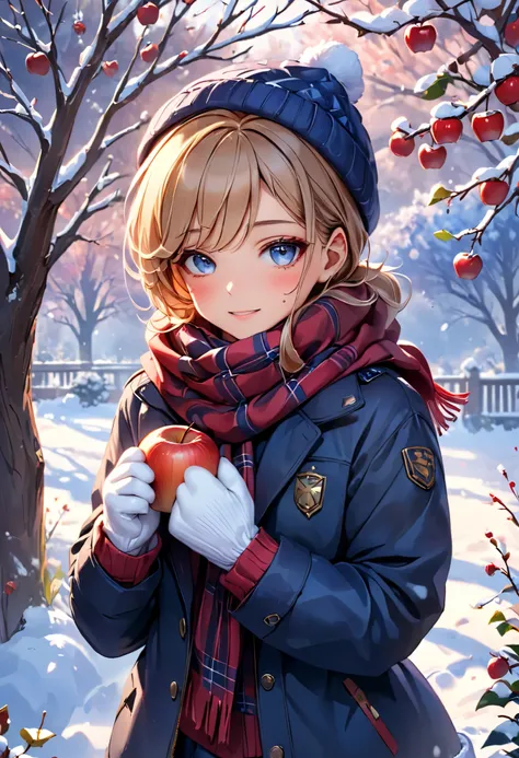  snow , Boy, Держит в Руке  snow овика, scarf , mittens, jacket, hat,  background in the garden under the Tree , Winter Apples are growing ,  snow , Drifts, bright colors,  masterpiece ,  Best quality ,  Maximum Quality ,  Perfect anatomy,  perfect facial ...