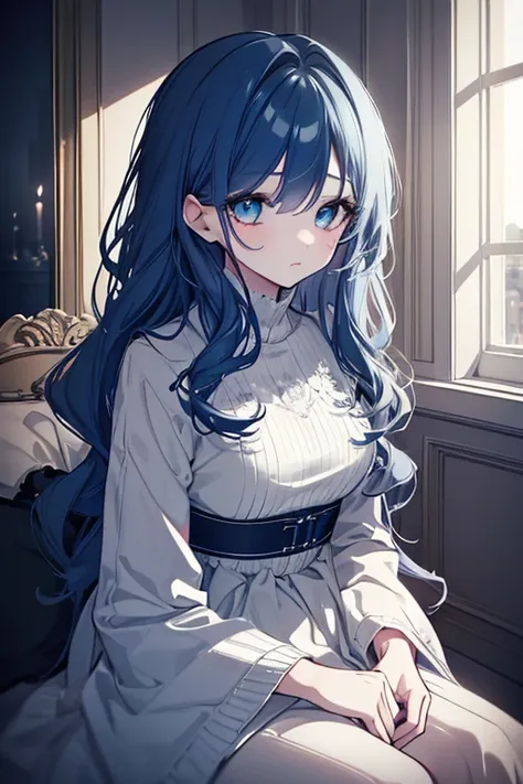 a girl with a melancholy and indifferent expression, 1 girl, beautiful detailed eyes, beautiful detailed lips, extremely detailed face, long eyelashes, wavy blue hair, sitting alone in a dimly lit room, window in the background, soft lighting, muted color ...