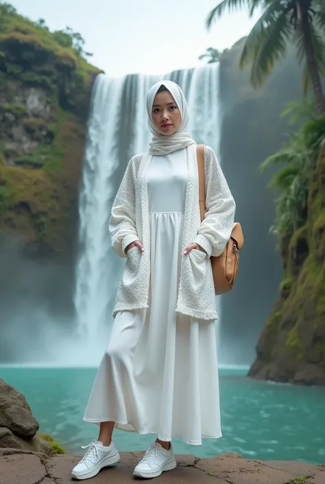 create a full photo shot of woman in inner hijab in fully hijab white full cover beautiful Malaysian race wearing white color dress with live printed cardigan intricate white sneakers , real river backpack ,   standing at rock under waterfall with sunset v...