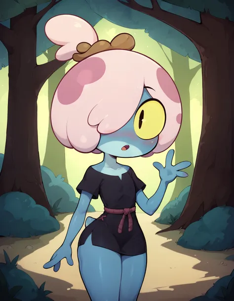 score_9, score_8_up, score_7_up, best quality, masterpiece, 1girl, solo, m4ddi3fl0ur, frog girl, pink hair, hair over one eye, topknot, slit pupils, yellow sclera, blue skin with light blue chest, frog tail, four fingers, short, black dress, bottomless, pe...