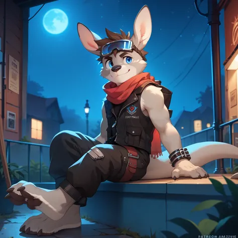 solo, young furry, furry, young, kangaroo, spiked brown hair, Detailed body fur, long red scarf, black sleeveless jacket, black baggy pants, goggles, masterpiece, gray body, Detailed face, big eyebrows, blue eyes, detailed eyes, No muscles, Detailed hands,...
