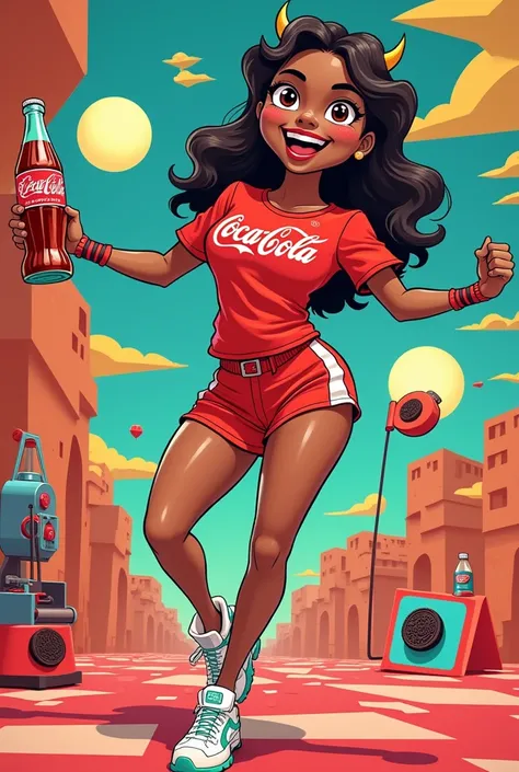 Energetic full-body advertising character inspired by the 80s Coca-Cola oreo product 