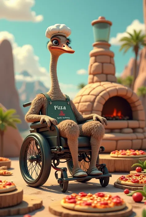 An ostrich in a wheelchair with a portable stone oven in the eslada making pizzas 