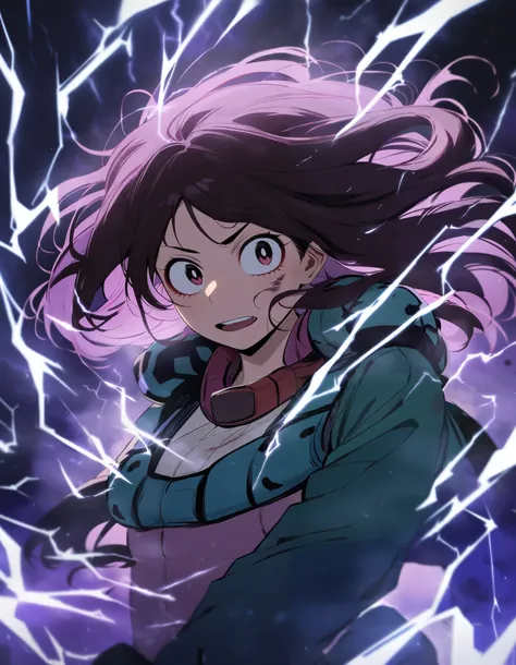 One girl, female focus, girl that resembles Midoriya Izuku, girl that resembles Ochaco Uraraka, possible descendant, boku no hero academia, Injury, electricity, masterpiece, highest quality, so beautiful, Absurd, shoulder length hair
