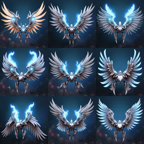 game asset sprite design, isolated with white background，frontal view, outline with black ine， 3x3 title，each tile ：3d unreal engine x anime style a mechanical wing with ice flame，galaxy dust，color of beautiful galaxy and deep space，design influenced by fa...