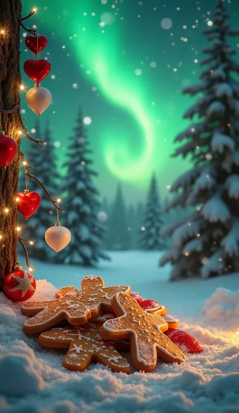  Create me a green and red cover with Christmas and romantic motifs, Little mens cookies and Northern Lights in the background and above you can see some elf legs and feet