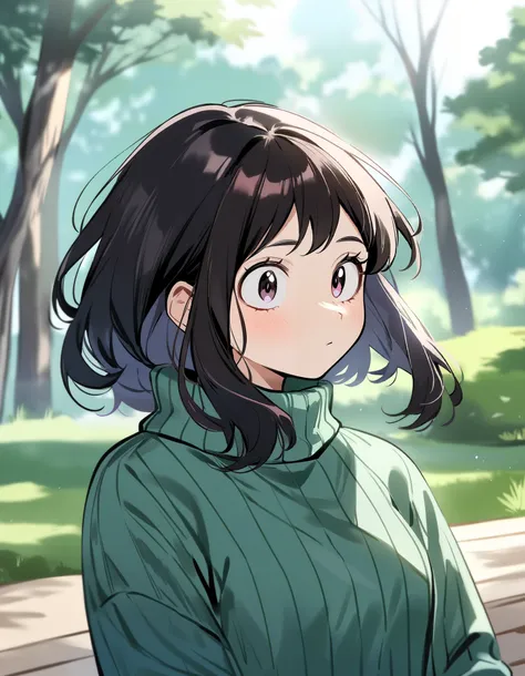 One girl, female focus, girl that resembles Midoriya Izuku, girl that resembles Ochaco Uraraka, possible descendant, boku no hero academia, masterpiece, highest quality, so beautiful, shoulder length hair, green sweater, park background 
