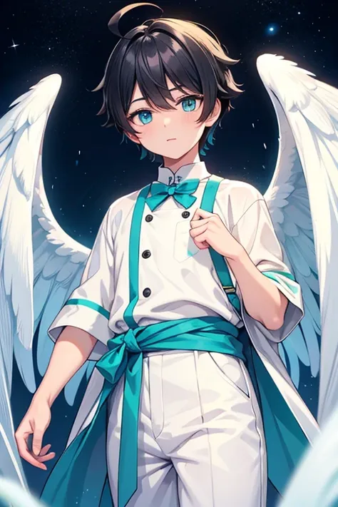  One Beautiful Boy 　Shows up to the waist　 black short hair　boy hairstyle 　Ahoge　Baby Face　Turquoise eyes　The big white wings of angels are growing　yellow and white mens clothing 　pants