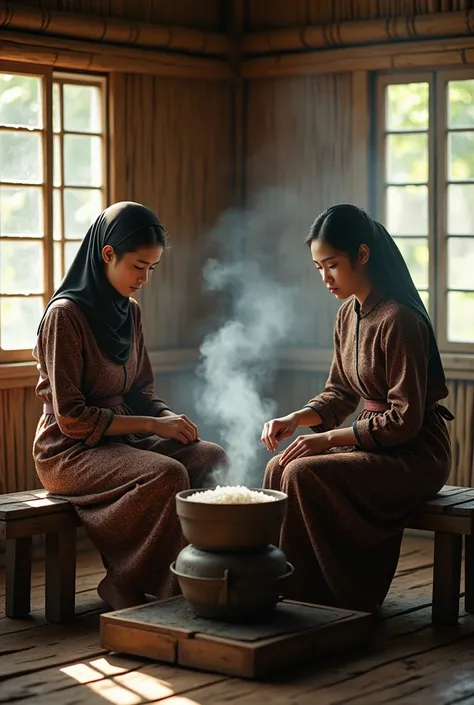 vintage photo, naturalistic ,  recreates the image of 2 young Indonesian women with their old-time hairstyles ,  they wore a dull color batik kebaya of 1960s vintage and a vintage batik sarung,  sitting on a small bench  (dingklik )  while cooking rice usi...